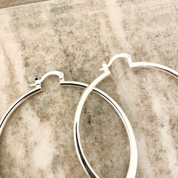 925 Sterling Silver Hoop Earrings Large Silver Hoops Modern Earrings - Picture 3 of 4